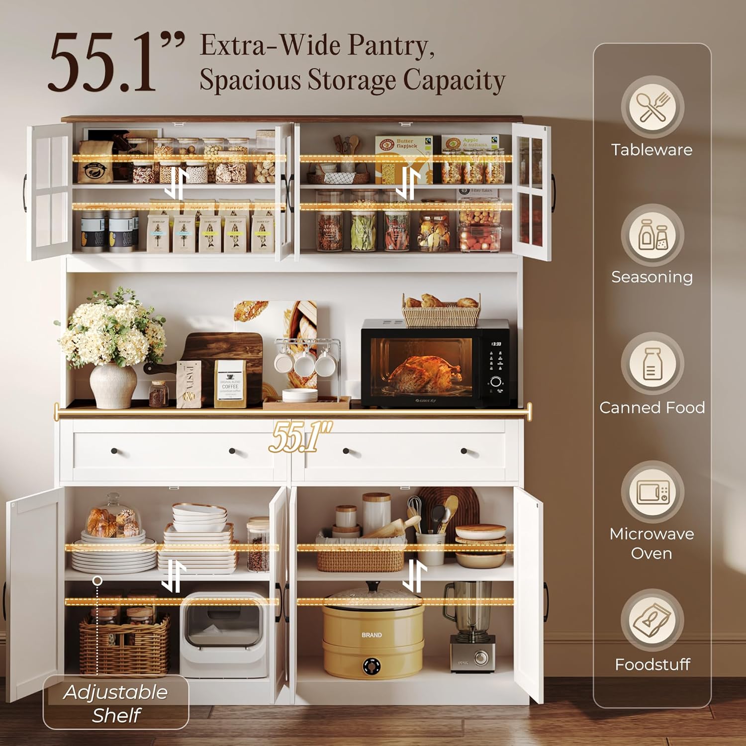 PRAISUN 71''H x 55.1''W Pantry Cabinet with Charging Station, 4 Wide Cabinets Kitchen Pantry with 2 Drawers, Farmhouse Hutch Storage Cabinet, Tall Coffee Bar, Acrylic Door, Adjustable Shelves, White