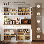 PRAISUN 71''H x 55.1''W Pantry Cabinet with Charging Station, 4 Wide Cabinets Kitchen Pantry with 2 Drawers, Farmhouse Hutch Storage Cabinet, Tall Coffee Bar, Acrylic Door, Adjustable Shelves, White