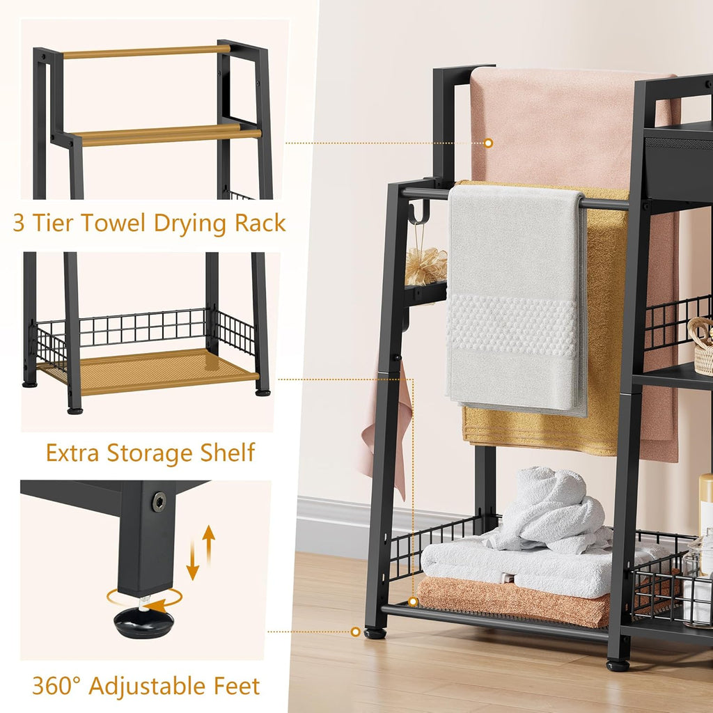 Gewudraw 2-in-1 Bathroom Ladder Shelf, 3-Tier Freestanding Towel Shelf with Drawer & Hooks, Storage Organizer for Bathroom, Laundry Room, Living Room, Balcony, Black
