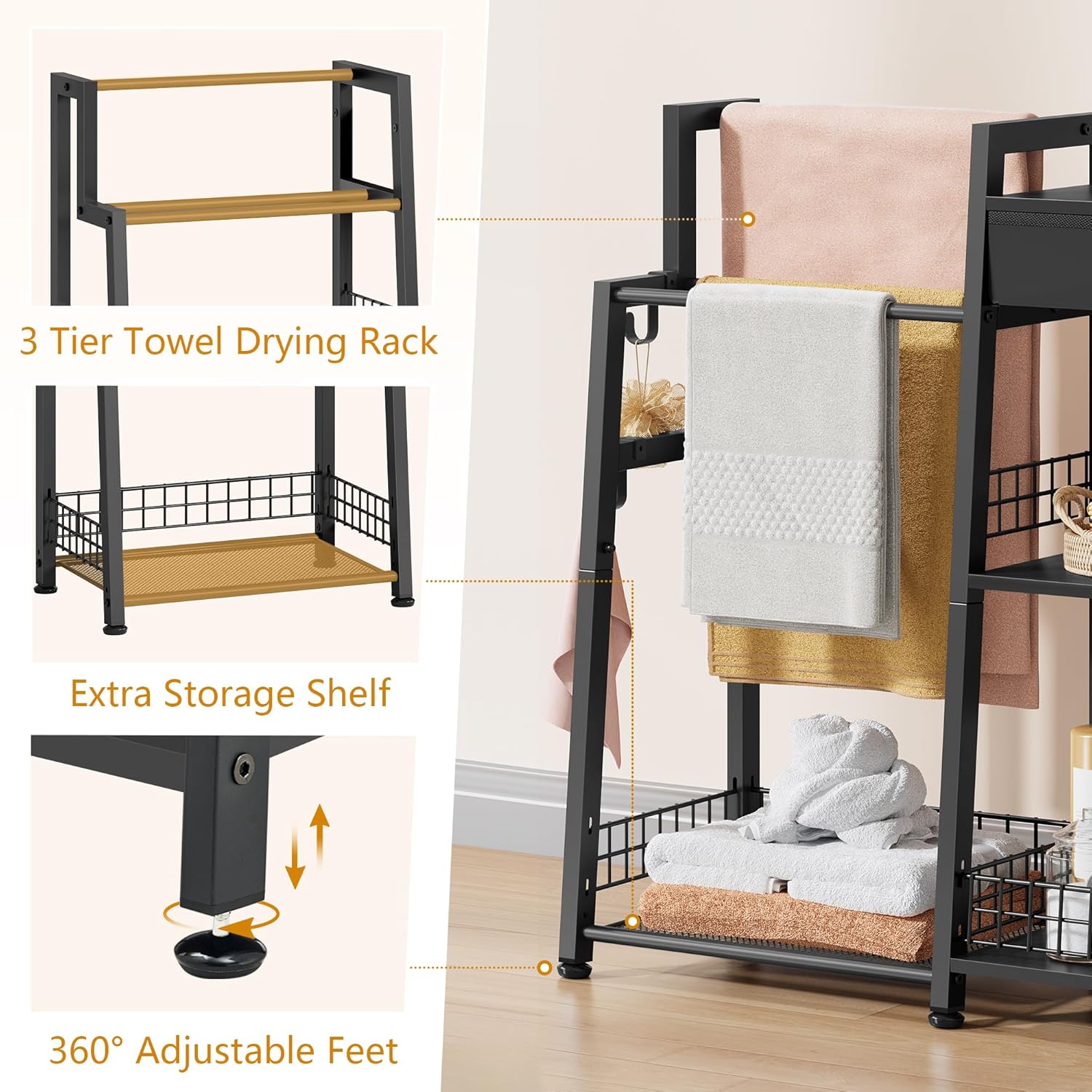 Gewudraw 2-in-1 Bathroom Ladder Shelf, 3-Tier Freestanding Towel Shelf with Drawer & Hooks, Storage Organizer for Bathroom, Laundry Room, Living Room, Balcony, Black