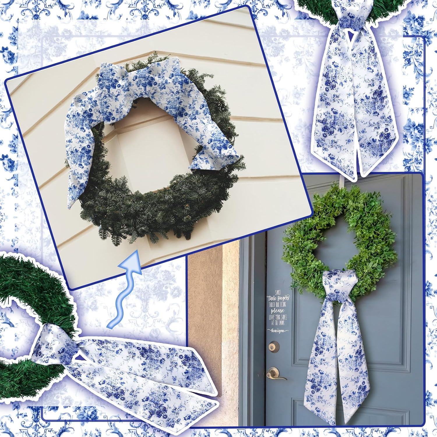 2 Pcs Wreath Sash for Front Door Reversible Chinoiserie Wreath Sash Accessories Decor for Monogram Garland Ribbon Porch Indoor Outdoor Home Party Yard Doorway(Chinese Style)