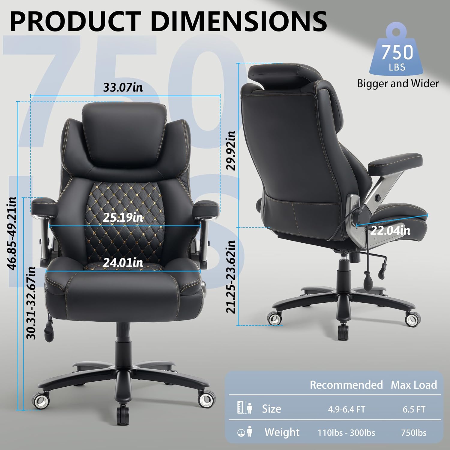 Big and Tall Office Chair 750lbs, Executive Office Chair with Adjustable Headrest&Lumbar Airbag Support, PU Leather High Back Heavy Duty Desk Chair 5D Flip Arms, Ergonomic Thick Spring Cushion, Black