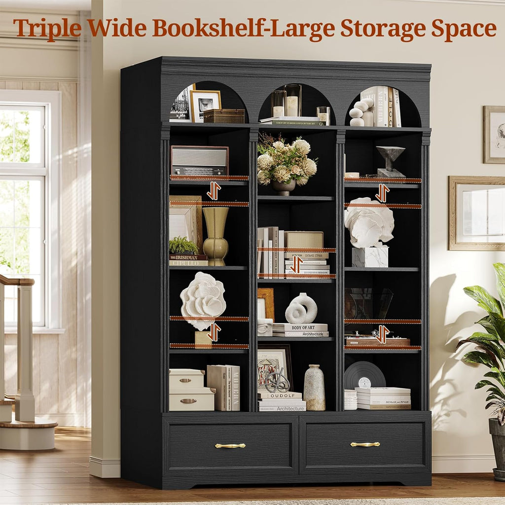 UPOSOJA 73.3" H Triple Wide Bookshelf with 2 Drawers, 6 Tier Tall Bookcase with Storage, Large Bookcase with 5 Adjustable Shelves, Wood Bookshelves and Bookcases for Home Office (Black)
