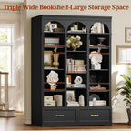 UPOSOJA 73.3" H Triple Wide Bookshelf with 2 Drawers, 6 Tier Tall Bookcase with Storage, Large Bookcase with 5 Adjustable Shelves, Wood Bookshelves and Bookcases for Home Office (Black)