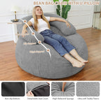 HABUTWAY Giant Bean Bag Chair, Oversized Beanbag Chair with Filler, Ultra Soft Teddy Fleece Bean Bag Lounge Floor Sofa w/U-Shaped Pillow for Gaming, Reading, Light Grey & Light Grey