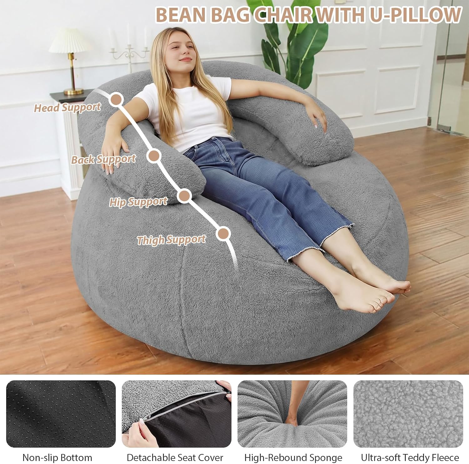 HABUTWAY Giant Bean Bag Chair, Oversized Beanbag Chair with Filler, Ultra Soft Teddy Fleece Bean Bag Lounge Floor Sofa w/U-Shaped Pillow for Gaming, Reading, Light Grey & Light Grey