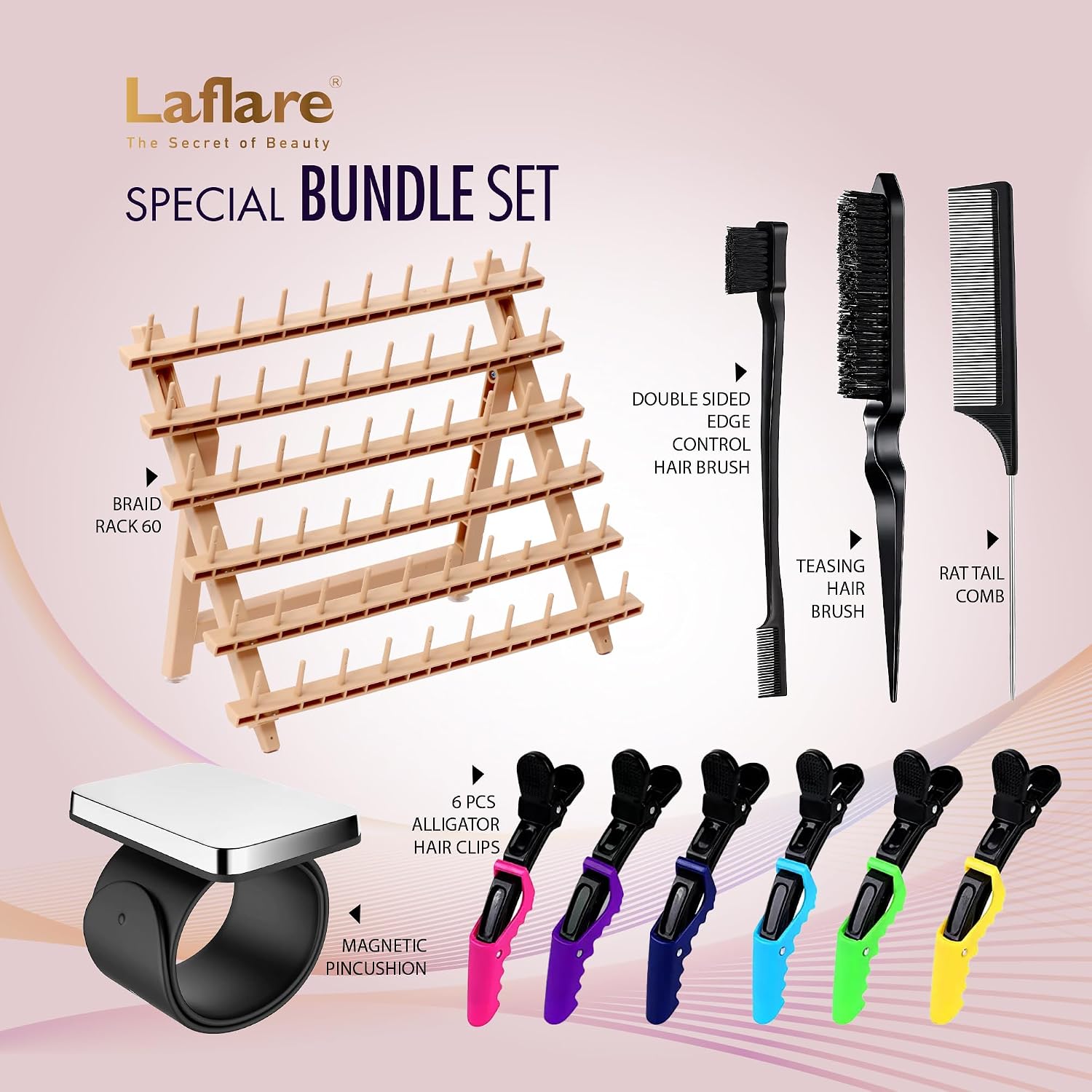 Laflare Braiding Rack for Hair with Comb set & Braid Gel Wristband & Hair clip, Hair Rack (Hair Extension Holder with 60 Pegs,) with Hair Braiding Accessories (PPCOM4)