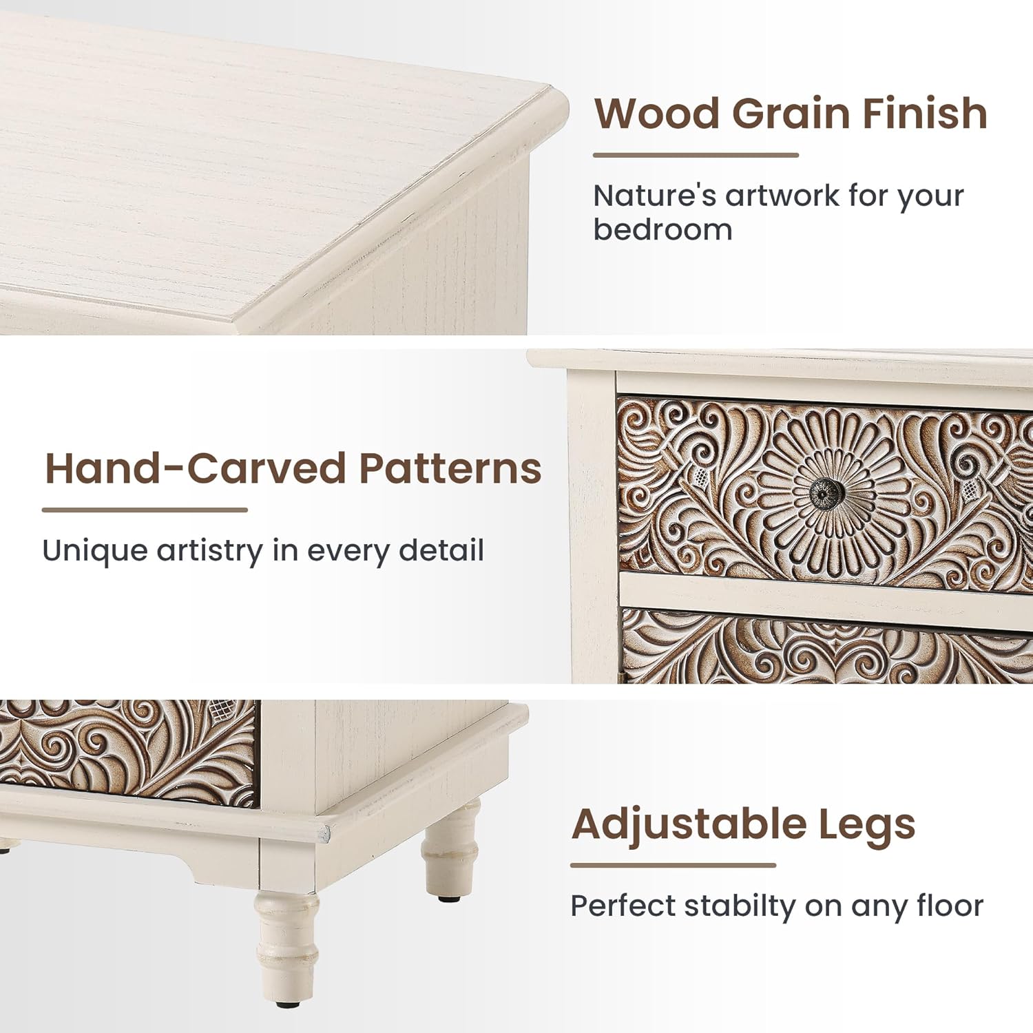 HOMPUS Night Stand Set 2, Vintage Nightstand with Storage, White Nightstand with Flower Pattern, Accent End Table, Bedside Table for Farmhouse, Bedroom, Light Grey Grain