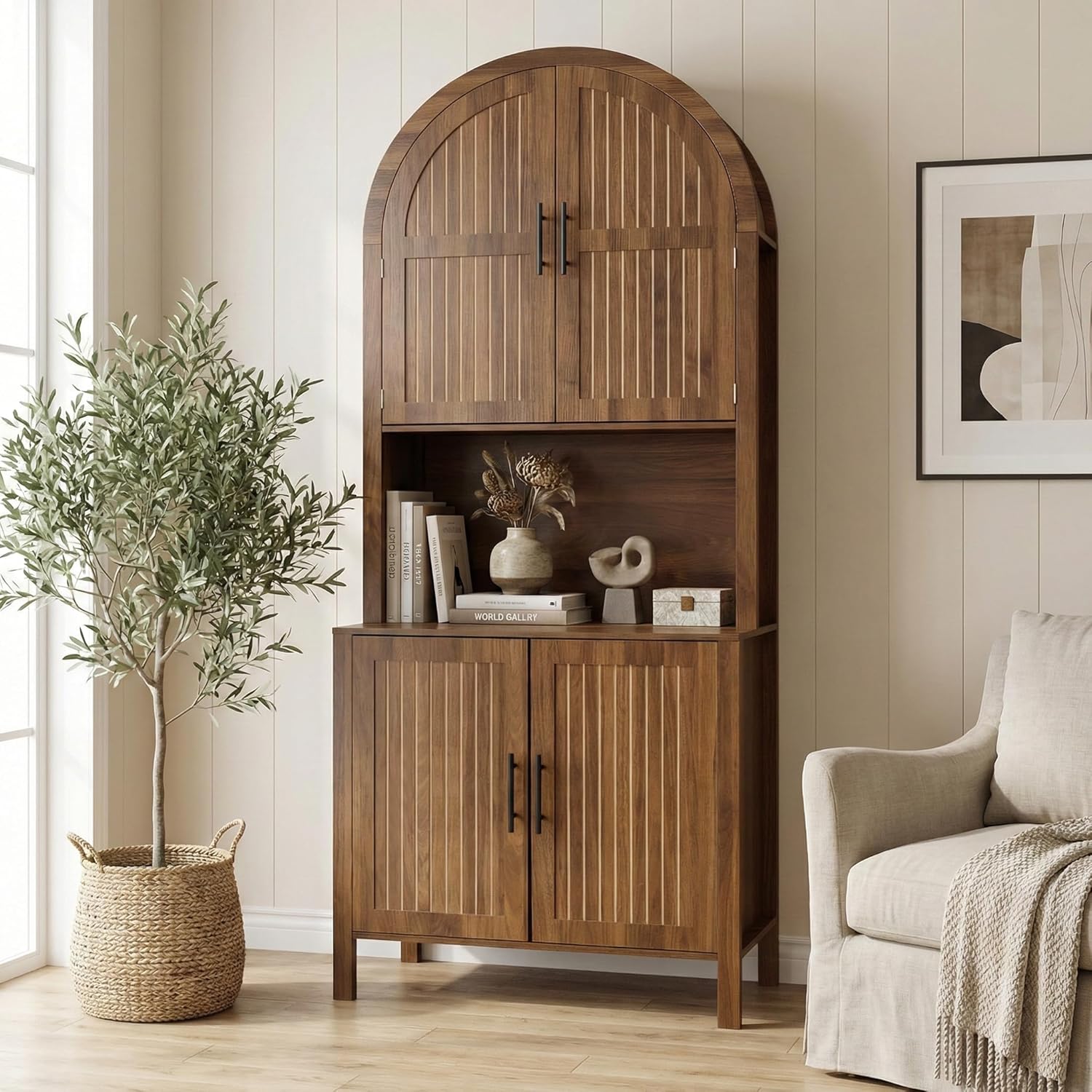 76" Tall Arched Kitchen Pantry,Large Storage Cupboard with Fluted Doors,Microwave Shelf,Modern Wooden Buffet Sideboard,Adjustable Shelves,Cabinet for Dining,Living Room,Walnut