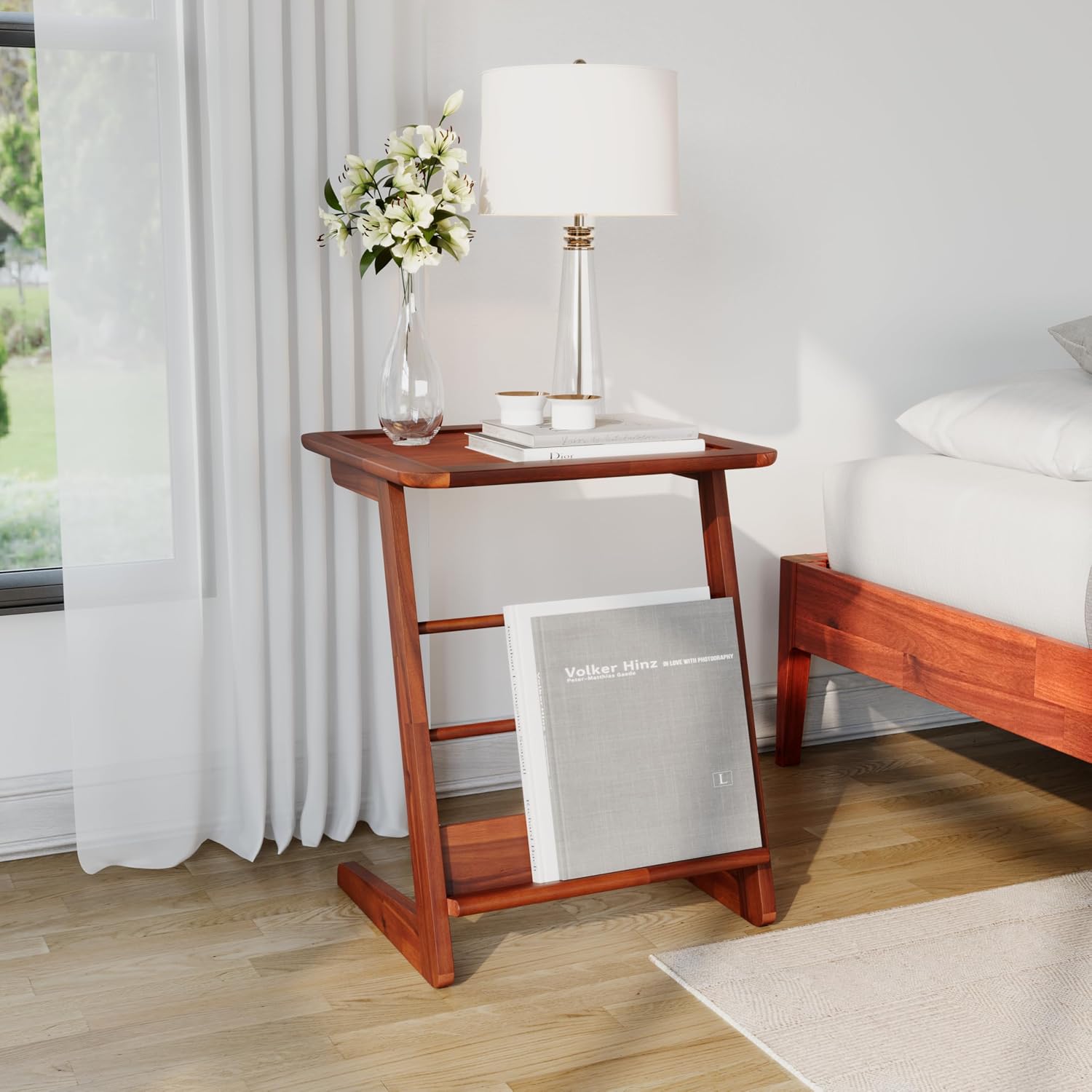 C-Shaped End Table for Couch, Acacia Wood Sofa Side Table & Nightstand with Mid-Century Modern Z Frame, L-Shaped Storage Shelf, Tool-Free Assembly for Bedroom, Living Room or Office - Dark Chocolate