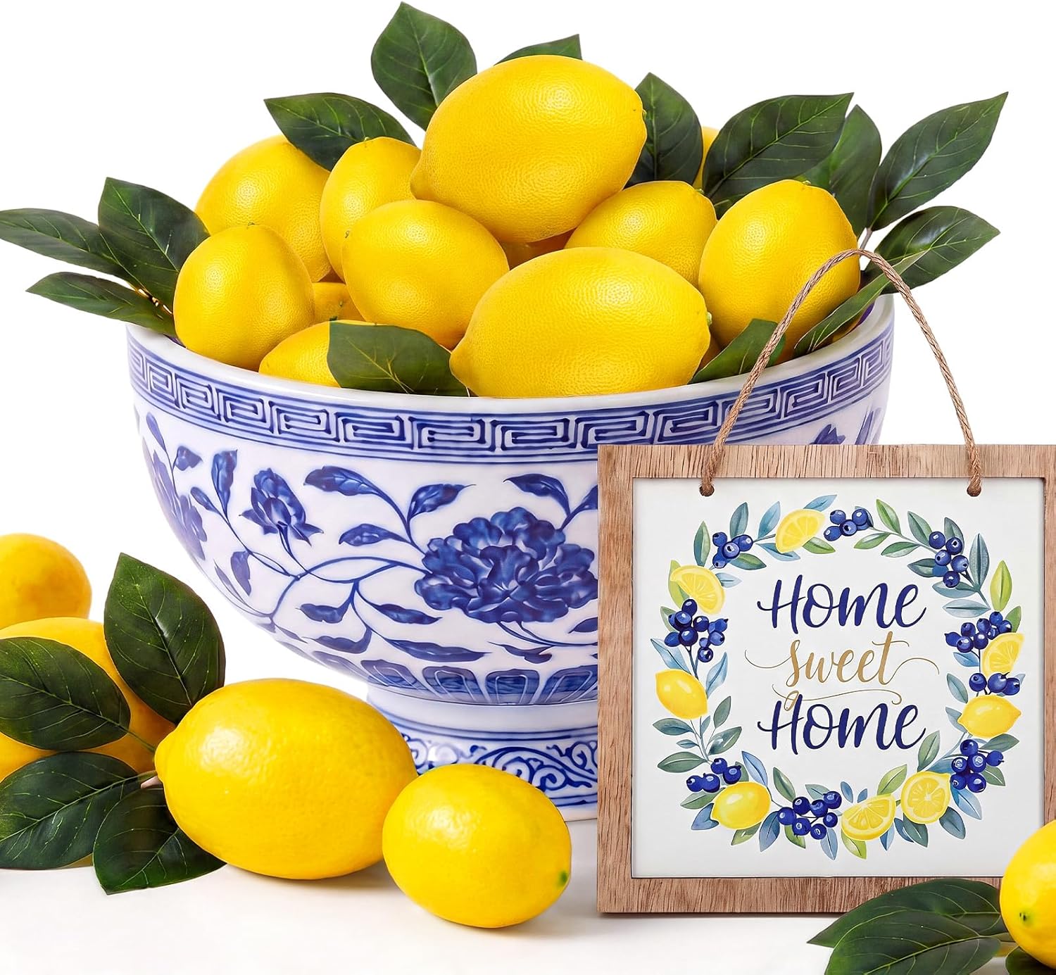 Norme 63 Pcs Artificial Lemon Decoration for Home Centerpiece, Faux Yellow Lemons, Artificial Fake Lemon Leaves and Wooden Desktop Sign Decor for Home, Kitchen, Party Decor, Photography Props