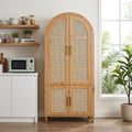 71" Tall Arched Pantry Cabinet with 4 Rattan Doors, 6-Tier Adjustable Shelves, 4 Built-in Door Racks, Rattan Storage Cabinet for Kitchen Dining Room, Soft-Close & Anti-tip Design, Oak