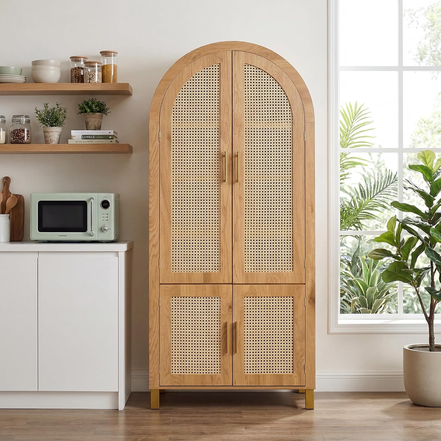Merax 71'' Tall Farmhouse Rattan Arched Storage Cabinet | Boho Style Pantry Cabinet, Open Countertop, Rattan Doors & Adjustable Shelves, Arched Cabinet for Kitchen Dining Room