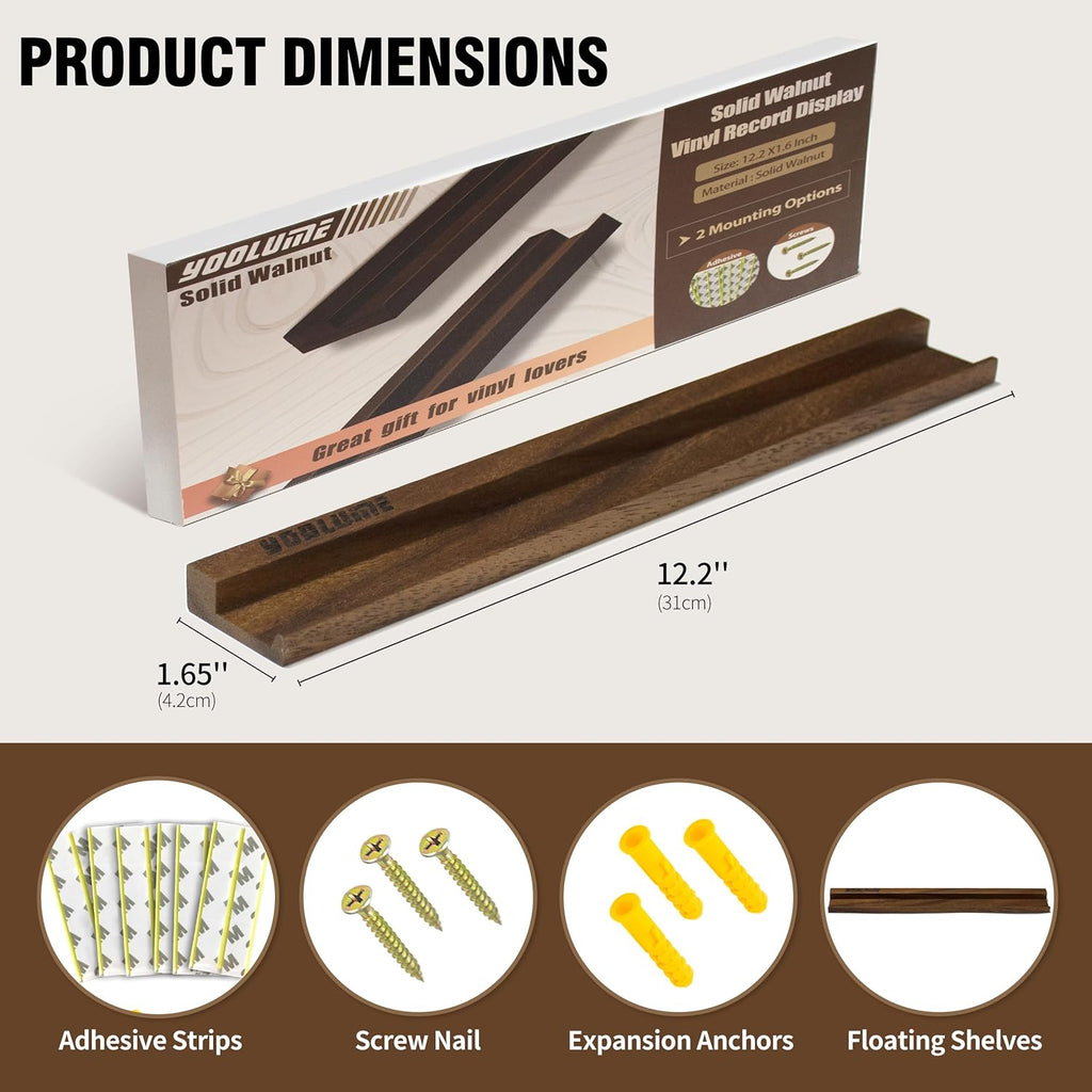 Vinyl Wall Display No Drill with 2 Mount Options(Adhesive & Screws), 4 Pack Walnut Wood Vinyl Wall Mount, Record Shelf, Record Holder Wall, Album Display Shelves, Floating Shelf for Album, LP, CD