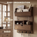 Rebee Vision Pine Wood Key Holder Wall Mount with Drawer Organizer – Farmhouse Key Holder for Wall with Mail Organizer & 4 Hooks – Perfect for Retro Home Decor(Brown)