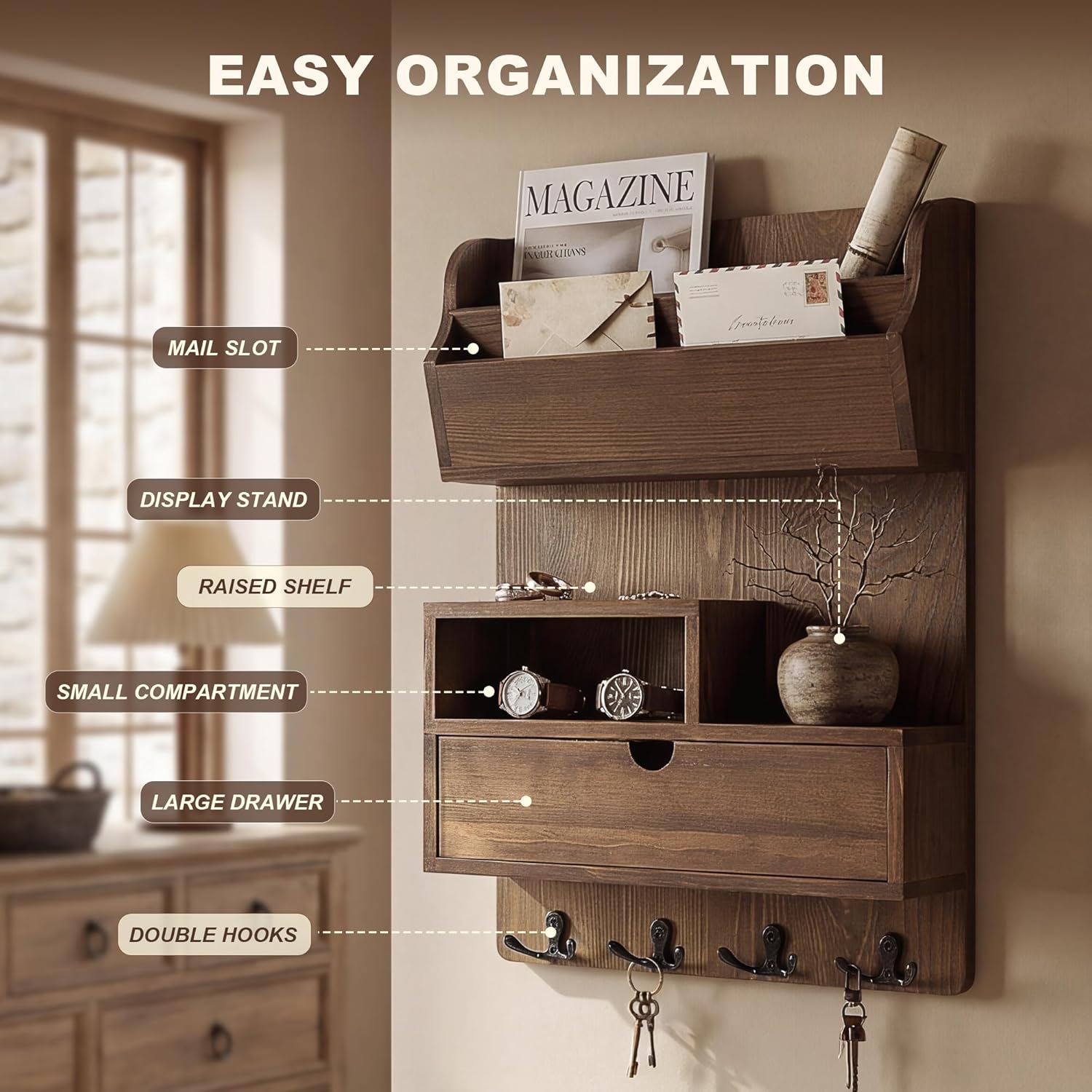 Rebee Vision Pine Wood Key Holder Wall Mount with Drawer Organizer – Farmhouse Key Holder for Wall with Mail Organizer & 4 Hooks – Perfect for Retro Home Decor(Brown)