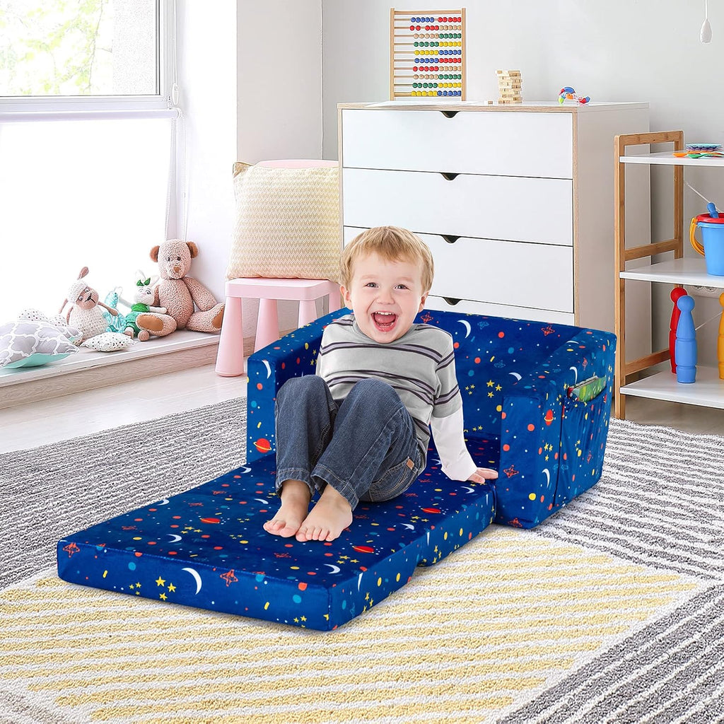 Costzon Kids Couch, 2 in 1 Flip Open Children's Sofa w/Velvet Fabric, Storage Pockets, Toddler Armrest Chair Bed for Nap Play Sleep, Ideal Gift for 0-4 Years Old Baby Boys Girls, Blue Space