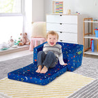 Costzon Kids Couch, 2 in 1 Flip Open Children's Sofa w/Velvet Fabric, Storage Pockets, Toddler Armrest Chair Bed for Nap Play Sleep, Ideal Gift for 0-4 Years Old Baby Boys Girls, Blue Space