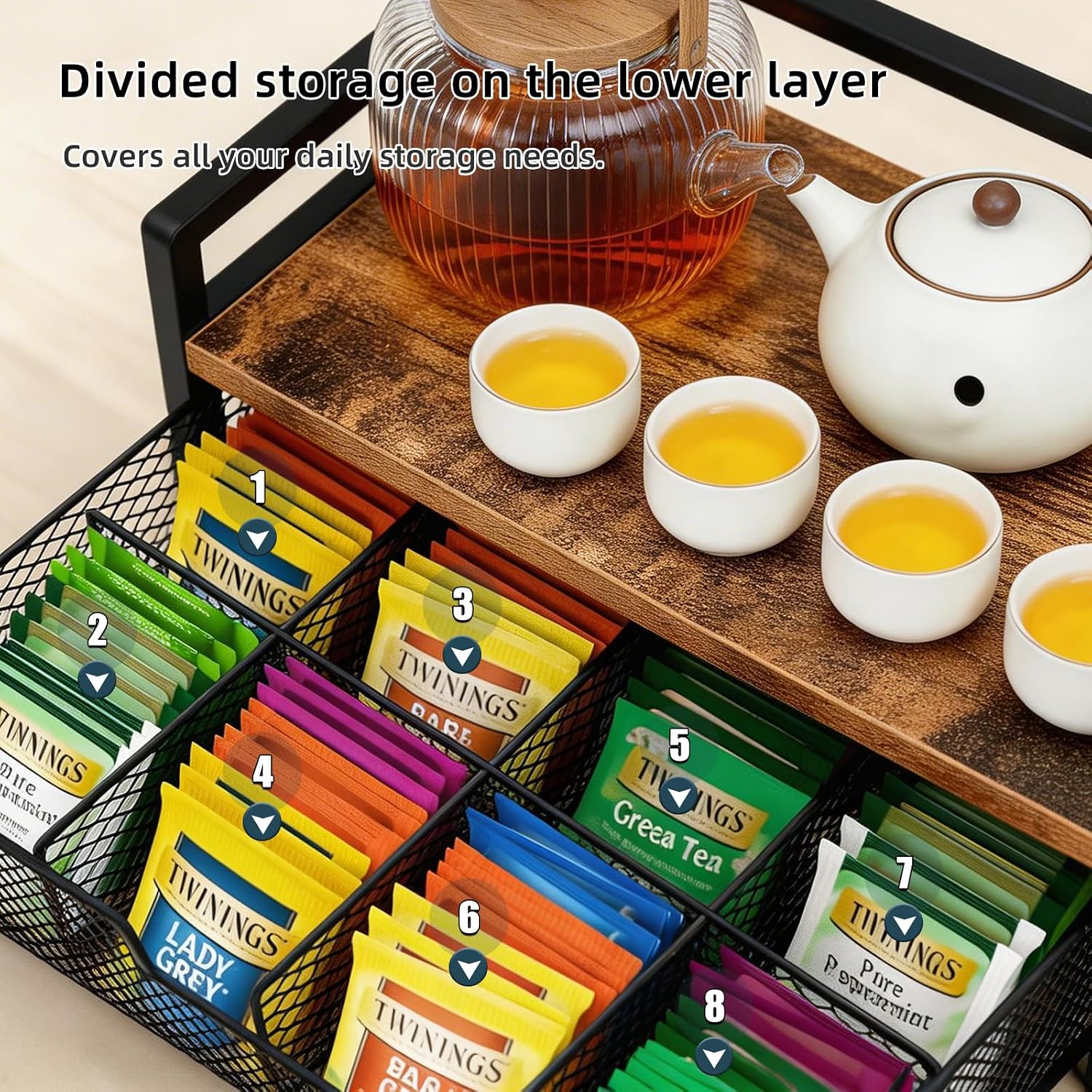 Tea Bag Organizer with 8-Compartment Mesh Drawer, Rustic Brown | Wood & Metal Holder, Spacious Storage Capacity, Smoothly Sliding Drawers, Divided Compartment Storage, Multi-Scene Use