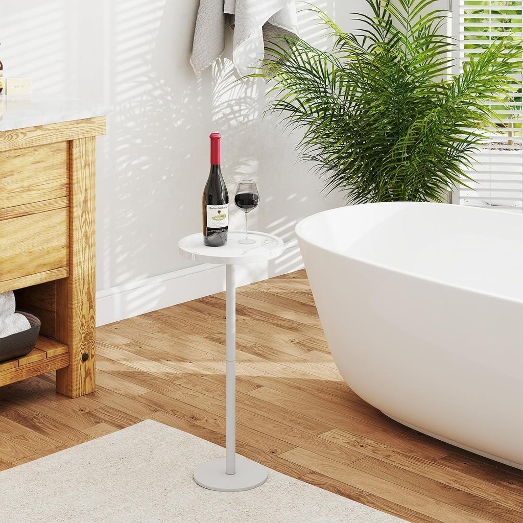 KJGKK Drink Table, 11 inch Dia., Small Pedestal Side Table, Round Cocktail Table, Circle End Table with Metal Base, for Small Spaces, Living Room, Bedroom, Faux Marble, White