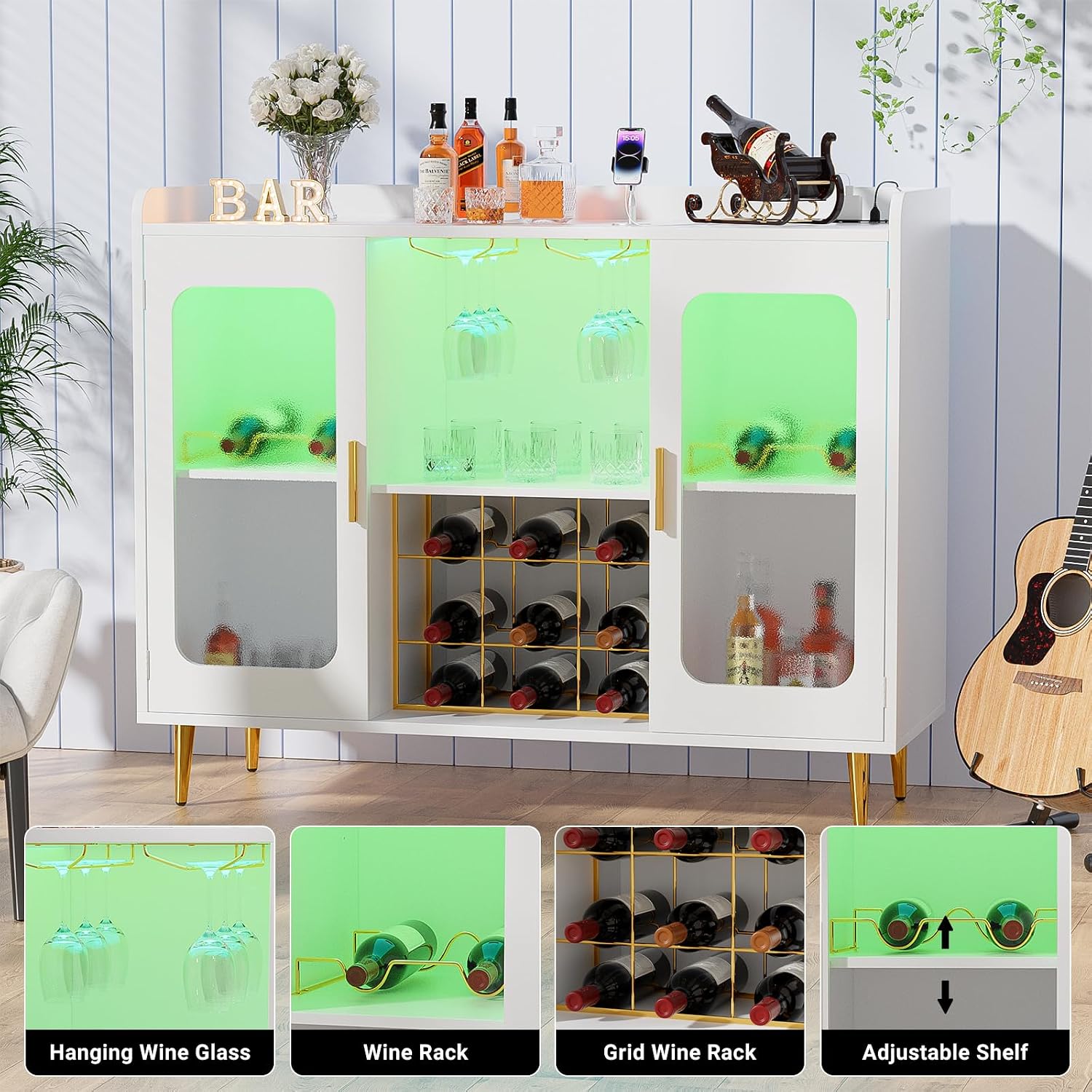 Liquor Cabinet Bar with Power Outlet and LED Light, Wine Bar Cabinet with Wine and Glasses Rack, Home Coffee Bar Cabinet, Buffet Sideboard with Storage Shelf for Kitchen, Dining Room, White