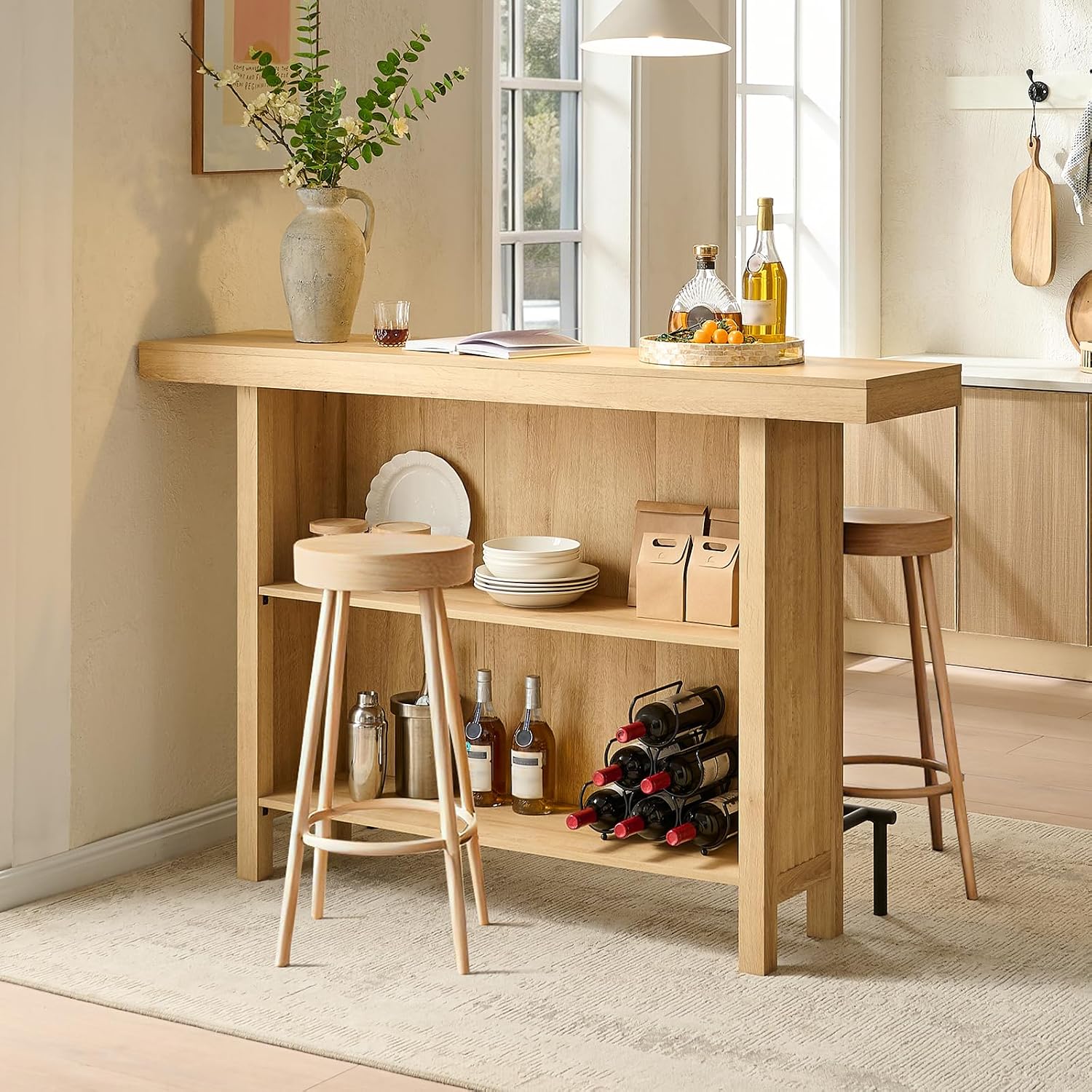 Okvnbjk 63-Inch 2-Tier Bar Table with Footrest, Oak | Coffee Bar Cabinet, Large Counter Height Pub Table Storage Shelf Home Bar Unit for Kitchen, Bistro, Dining Room, Living Room