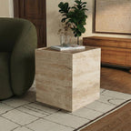 SAFAVIEH Couture - Leslianne Square Accent Table - Natural Solid Wood Top & Travertine - Modern Pillar Design - Fully Assembled for Living Room, Bedroom & Entryway, 16" W x 16" D x 18" H (SFV5779A)