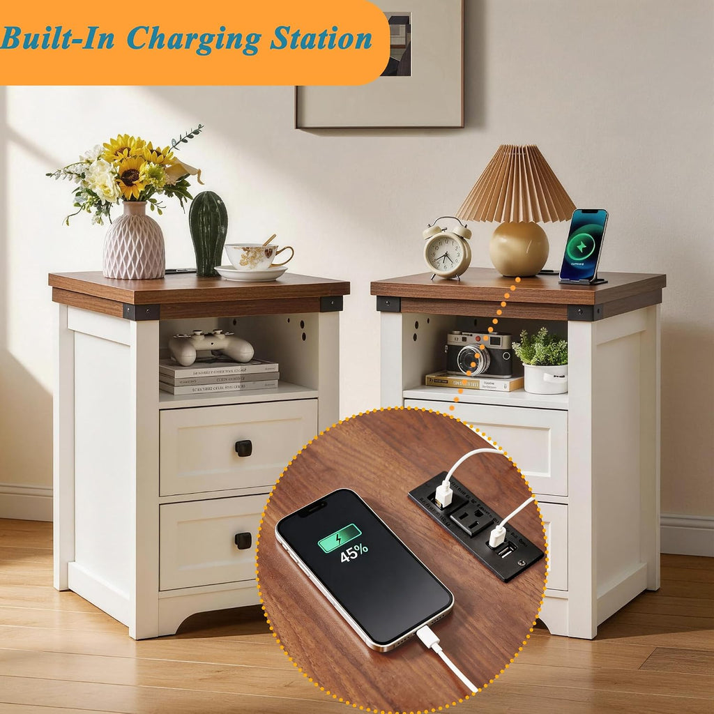 Farmhouse Night Stand with LED Lights,Charging Station, End Table with 2 Drawers & Open Shelf, Modern Bedside Table with USB Ports & Outlets, Side Table Wood for Bedroom Living Room, White