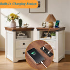 Farmhouse Night Stand with LED Lights,Charging Station, End Table with 2 Drawers & Open Shelf, Modern Bedside Table with USB Ports & Outlets, Side Table Wood for Bedroom Living Room, White