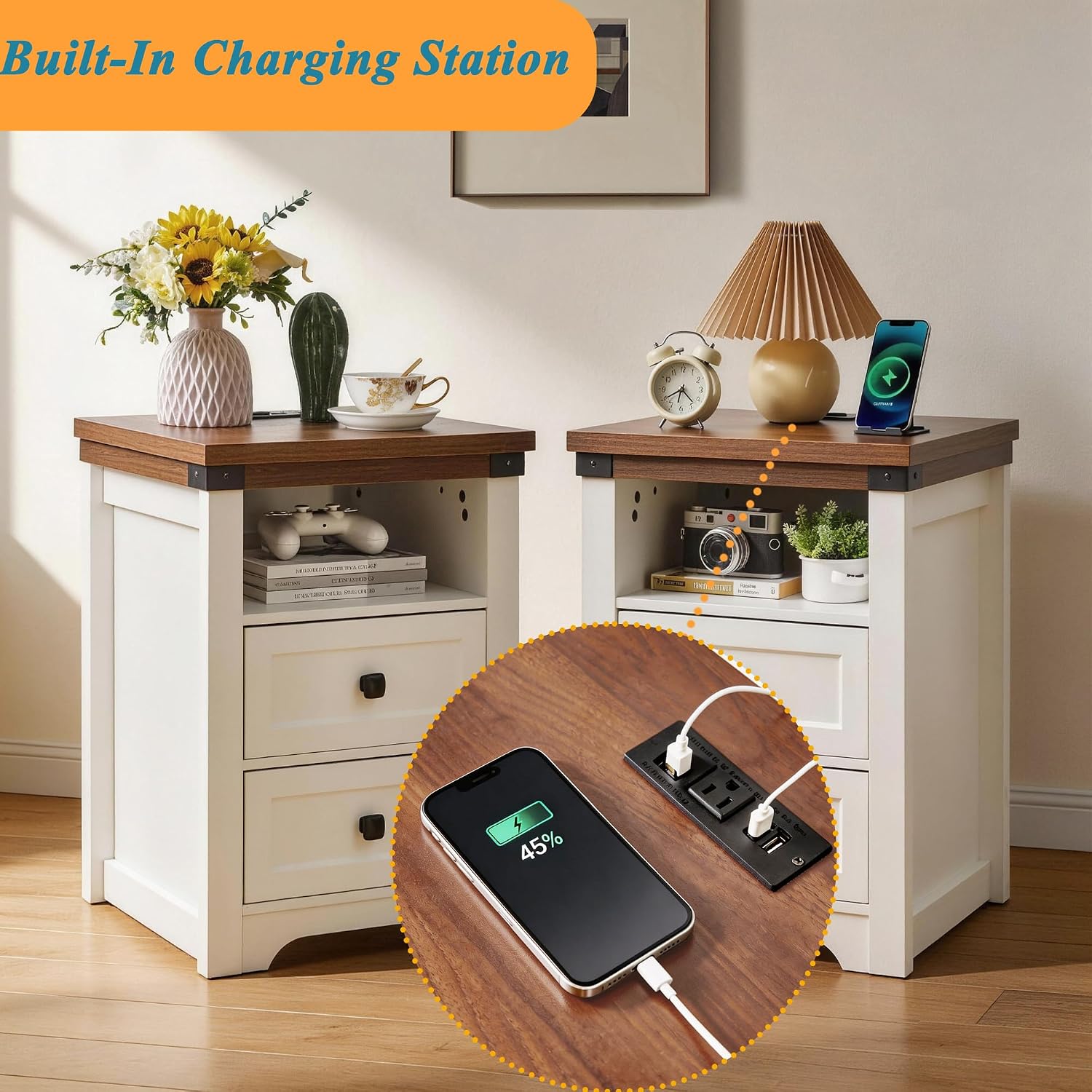 Farmhouse Night Stand with LED Lights,Charging Station, End Table with 2 Drawers & Open Shelf, Modern Bedside Table with USB Ports & Outlets, Side Table Wood for Bedroom Living Room, White