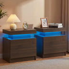 i-aplus Brown Modern LED Nightstand Set of 2 with 2 Wood Drawer for Bedroom | Nightstands with App-Controlled RGB LED Lights, Night Stand with Storgae Drawer, Modern Bedside Table for Bedroom