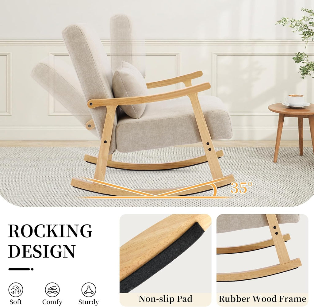 SAETSFEG Rocking Chair for Nursery with Lumbar Pillow, Upholstered Accent Chair with Solid Rubberwood Frame, Living Room & Bedroom, Cozy Reading Chair for Small Spaces, Lightgrey