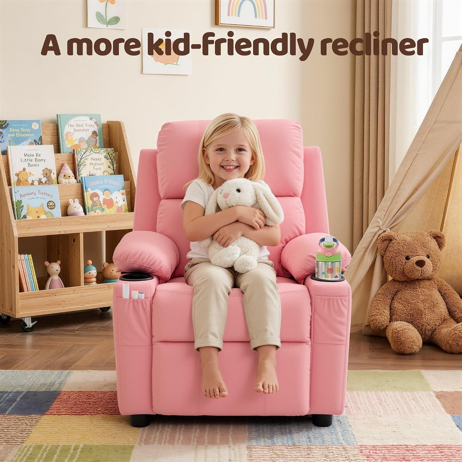 Korser Kids Recliner Chair, PU Leather Toddler Recliner with Cup Holder, Kid Recliner Sofa with Footrest, Push Back Child Reclining Chair with Side Pockets for Children Boys Girls Room, Pink