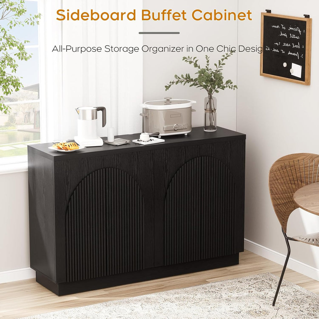 Yechen 55" Black Fluted Sideboard Buffet Cabinet with Arched Reeded Doors, Modern Mid Century Credenza Accent Storage Cabinet with Adjustable Shelves for Living, Kitchen, Entryway