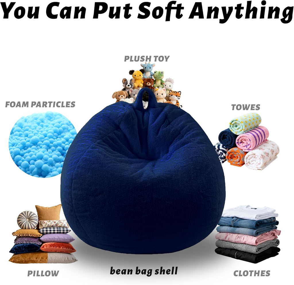 Faux Fur Bean Bag Cover (No Filler) Stuffed Animal Storage Adults Dark Blue | Bean Bag Covers Large Bean Bag Sofa for Adults, furry fuzzy surface,for living room bedroom holiday gift