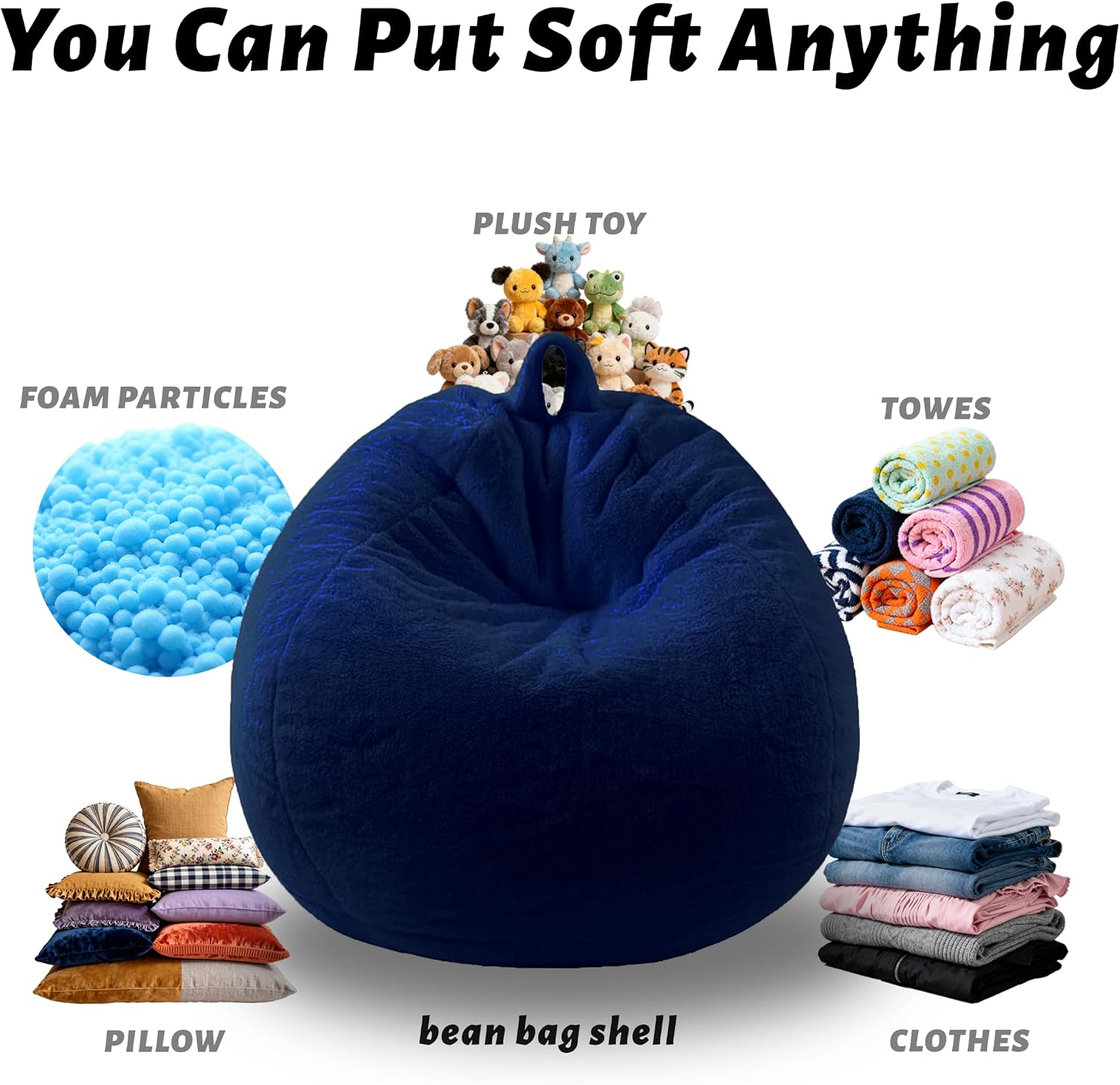 Faux Fur Bean Bag Cover (No Filler) Stuffed Animal Storage Adults Dark Blue | Bean Bag Covers Large Bean Bag Sofa for Adults, furry fuzzy surface,for living room bedroom holiday gift