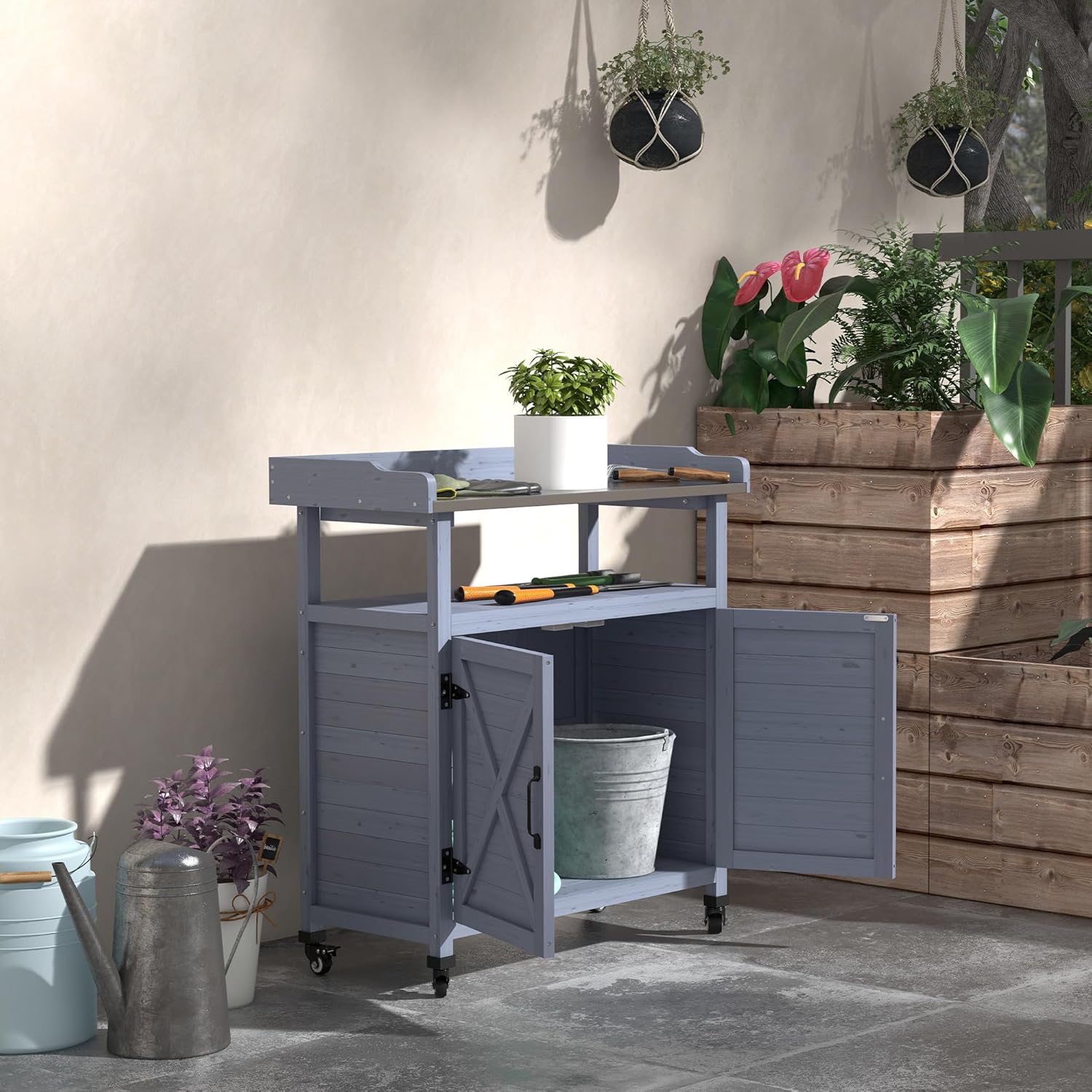 34" Rustic Freestanding Storage Chest, Accent Cabinets with Braked Wheels, Utility Organizer with Rust-Resistant Top for Patio, Gray