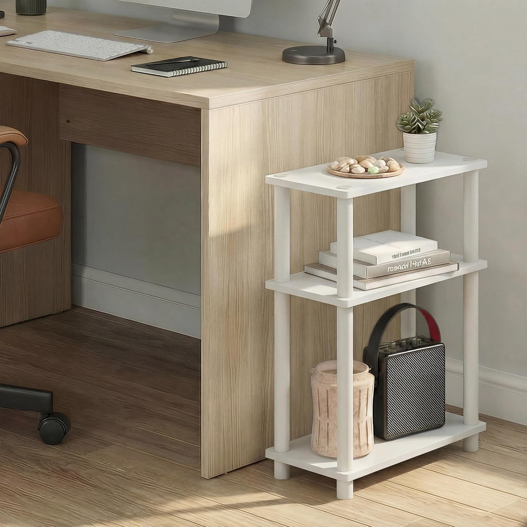 Furinno Turn-N-Tube Narrow Side Table, 3-Tier Rectangular Modern End Table with Storage Shelf, Slim Toolless Assembly Nightstand, Night Stand, Bedside Table, for Living Room, Bedroom, White