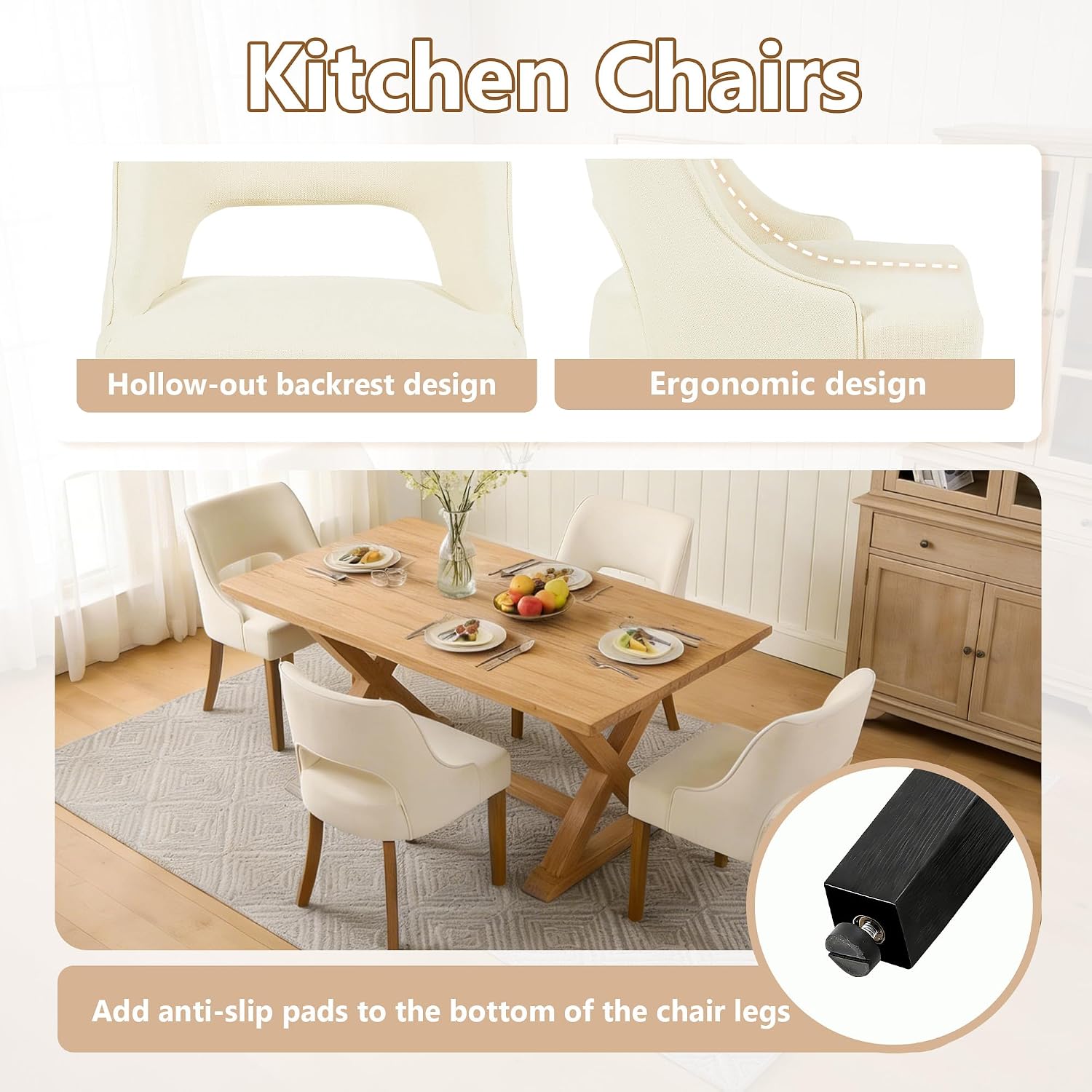 ClinQ Wooden Dining Chairs Set of 2, Modern Fabric Upholstered Kitchen Chairs Dining Chair, Mid Century Modern Chair for Kitchen Dining Room, Farmhouse Kitchen Chairs, Beige-Walnut Legs
