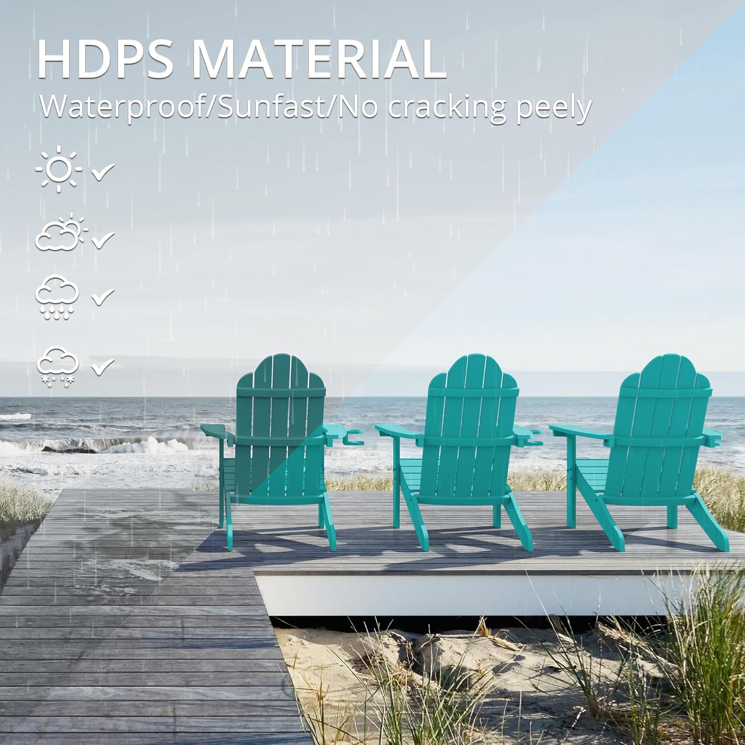 LUE BONA HDPS Adirondack Chairs, Fire Pit Outdoor Chair Weather Resistant with Cup Holder, Modern Plastic Chair Plastic for Patio, Deck, Proch, 350LBS, Aruba Blue