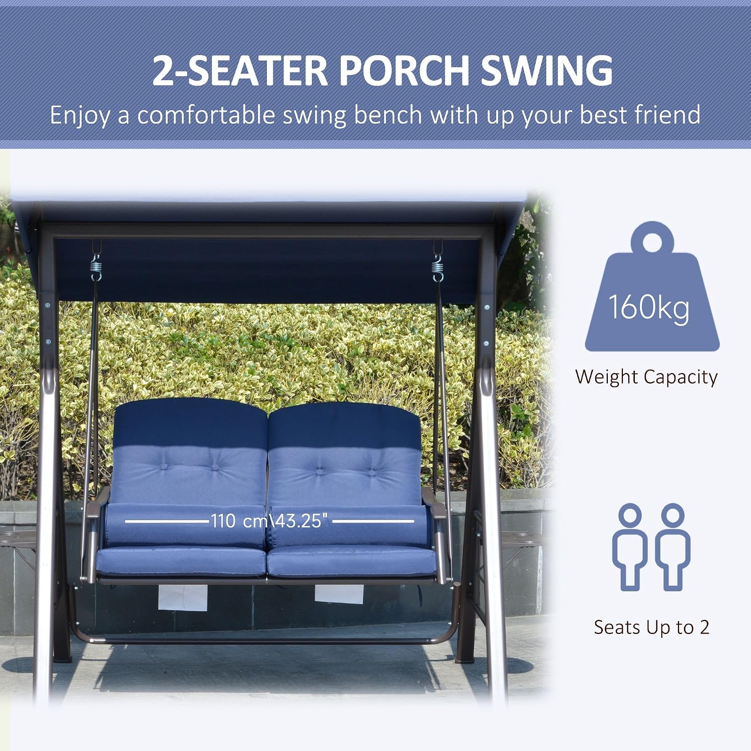 Outdoor Patio Swing Chair for Two with Tilting Canopy and Cushions
