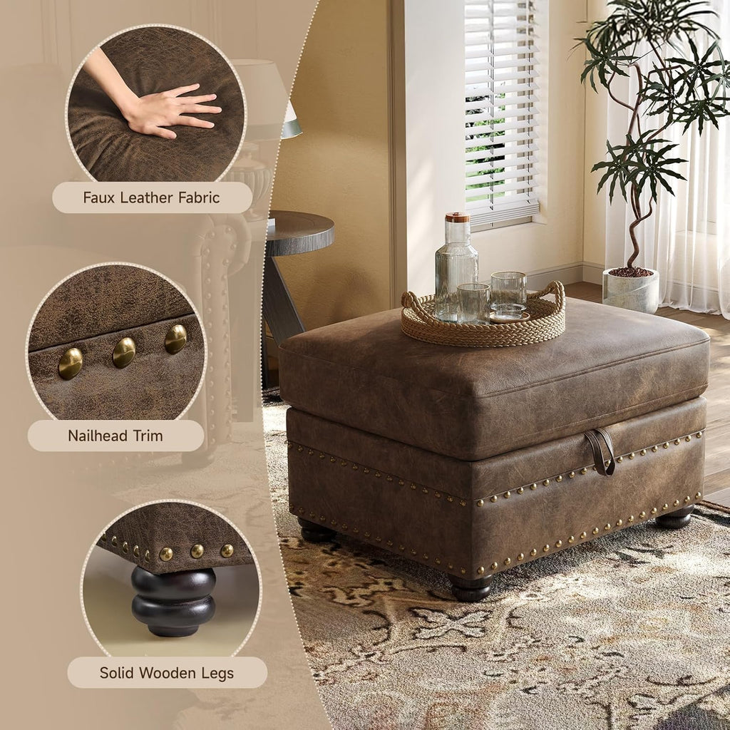 ONBRILL Faux Leather Ottoman with Storage, Rectangle Ottoman Coffee Table with Nailhead Trim, Solid Wood Legs, Oversized Upholstered Footrest Stool for Living Room, Bedroom, Apartment, Brown