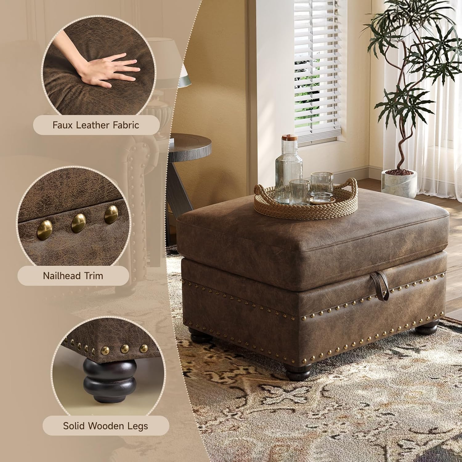 ONBRILL Faux Leather Ottoman with Storage, Rectangle Ottoman Coffee Table with Nailhead Trim, Solid Wood Legs, Oversized Upholstered Footrest Stool for Living Room, Bedroom, Apartment, Brown
