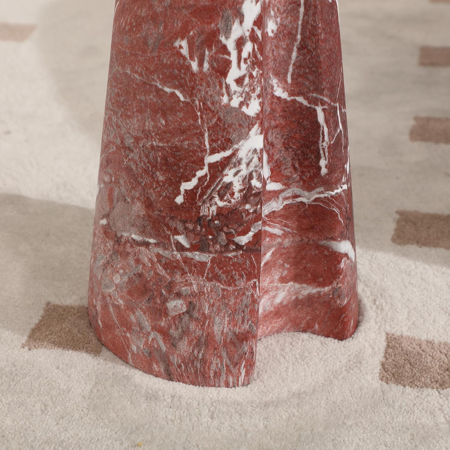 Modern Faux Marble Bedside Table for Living Room, 9" Round Stone Side Table Vintage Night Stand, Small Rustic Red End Table for Drink in Bedroom Apartment Waiting Room, White and Red
