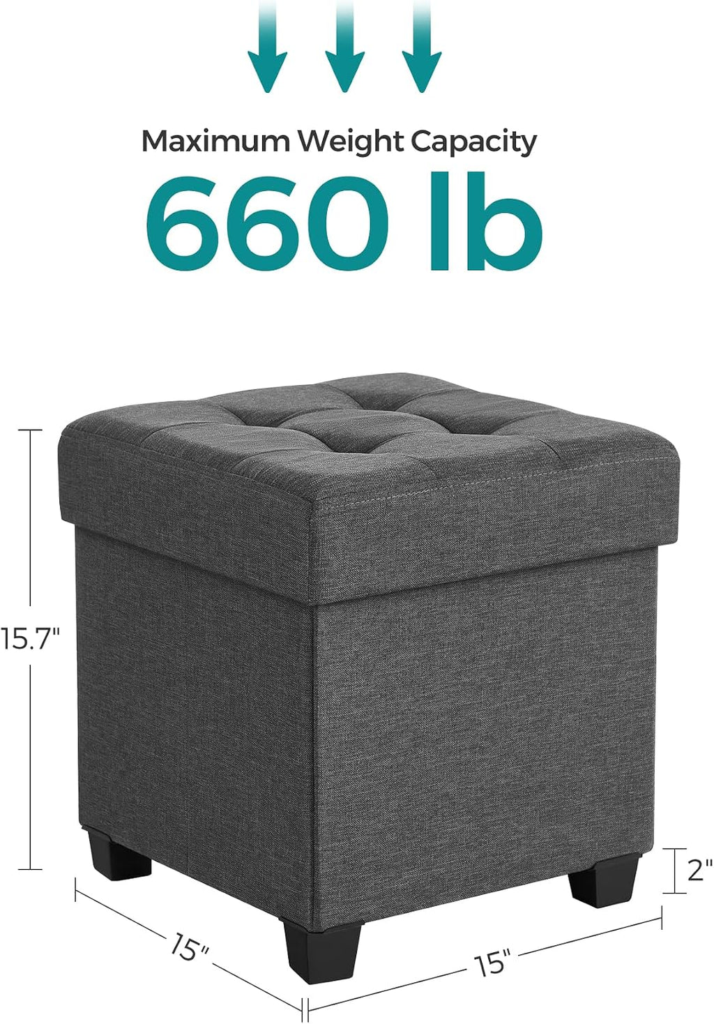 SONGMICS Storage Ottoman, Small Ottoman Foot Rest with Legs, 15 x 15 x 15.7 Inches Foot Stool, Load up to 660 lb, for Living Room, Bedroom, Dorm, Dark Gray ULSF14GYZ
