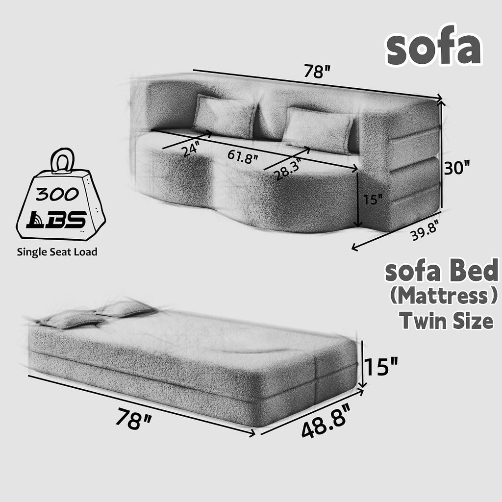 Convertible Folding Sofa Bed, 2-in-1 Full Size Floor Boneless Couch Bed, Loveseat sleeper Couch , Teddy Floor Sofa, Memory Foam Sleeper SofaBed, Small couches for small spaces, No Assembly, Orange