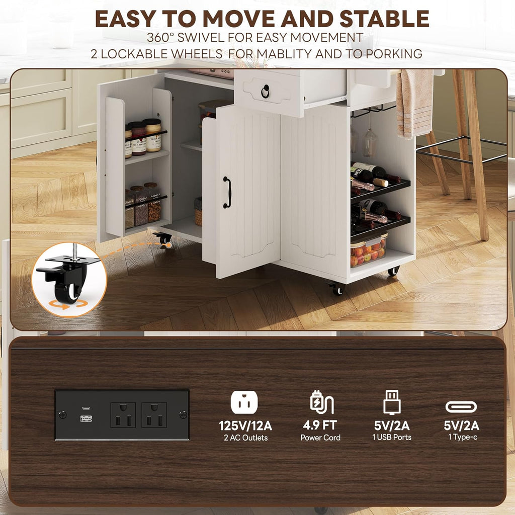 LIKIMIO Kitchen Island with Power Outlet & USB Charging, Rolling Island on Wheels with Drop Leaf, Farmhouse Kitchen Island Cart with Spice Rack, Wine Rack & Glass Holder for Small Kitchen, White