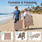 Suteck Tanning Chair with Face Hole, Folding Beach Lounge Chairs, Beige | Adjustable 5-Position Reclining Chaise, Removable Cushion & Pillow, Cooler Bag, 500Lbs Heavy-Duty for Outdoor Camping& Home