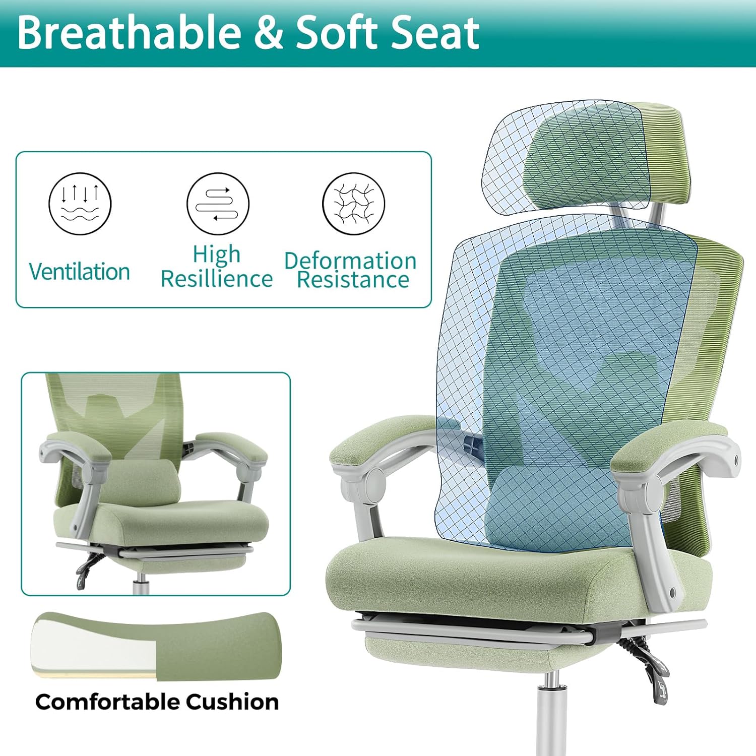 DUMOS Office Desk Chair with Footrest Ergonomic Gaming Chair for Adults Computer Mesh, Lumbar Support,Swivel Reclining with Headrest, Comfy Armrest for Home, Office, Work, Study, Light Green