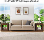 Rustic Wood End Table with Charging Station, 2 Tiered Side Table with Light Strip for Living Room, Entrance, Industrial Nightstand for Bedroom (Rustic Brown, 2pcs)